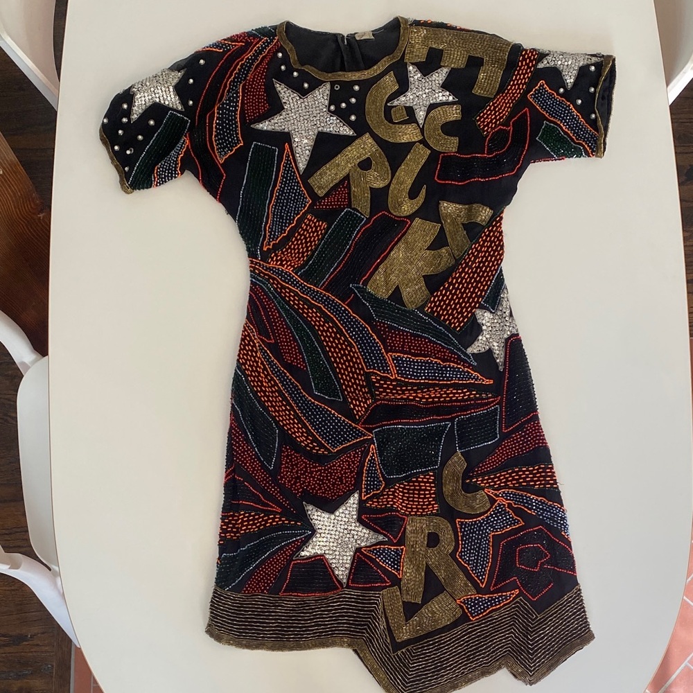 VINTAGE Colorful Beaded Dress with Star and Letter Design